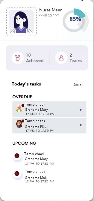 Nurse profile with 85% completion, achievements, teams, and today's overdue and upcoming tasks