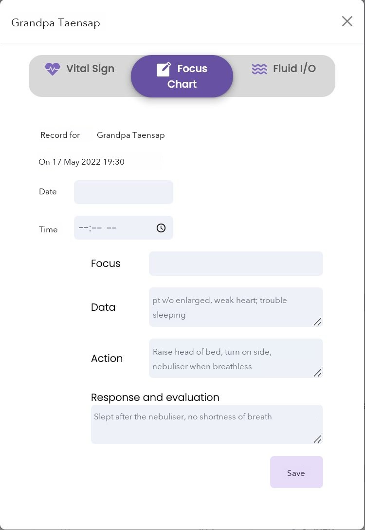 Mobile focus charting note with focus, data, action and response fields