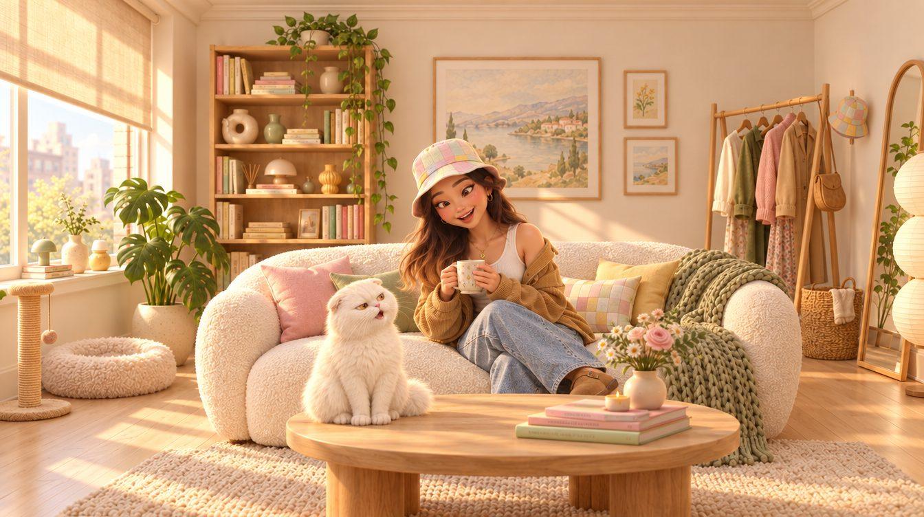 3D animated Ami in a patchwork bucket hat on a cream sofa with a mug, Aden the white Scottish Fold cat talking beside her