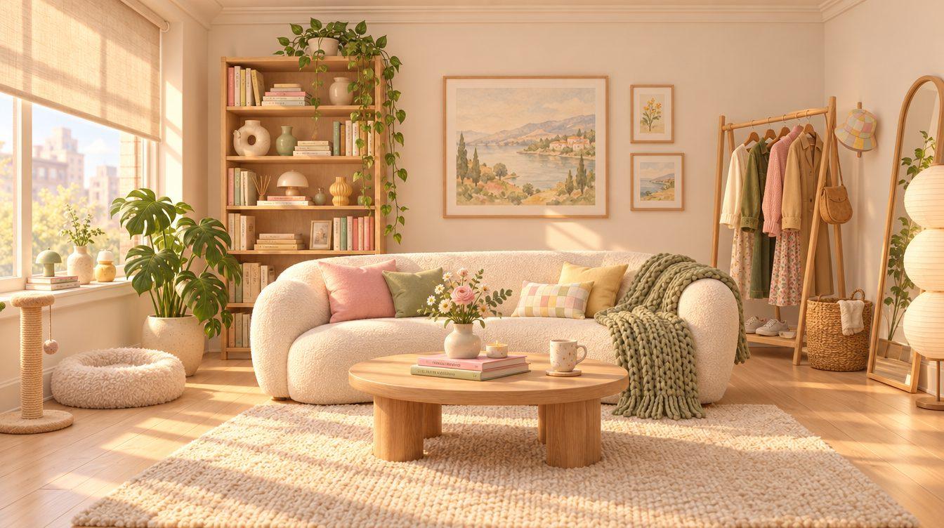 Living room set: boucle sofa, oak coffee table, bookshelf, clothes rail and arched mirror