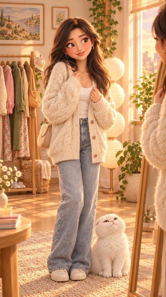 Shot 8: Ami in a fur-covered cardigan with Aden