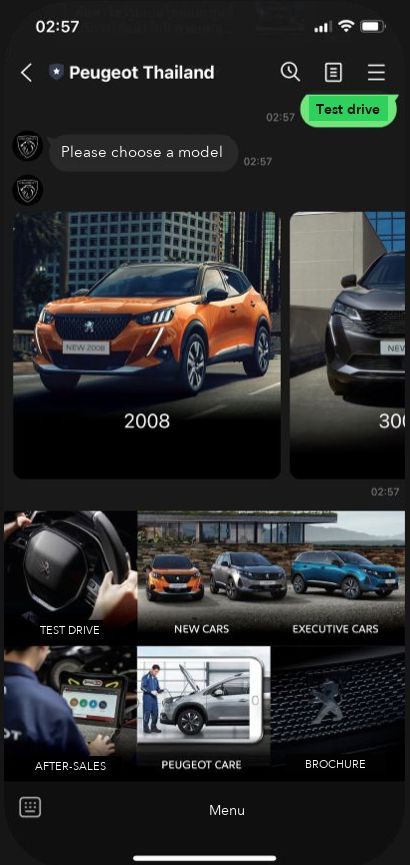 Peugeot Thailand LINE account with a model carousel and a menu for test drives, new cars, after-sales and brochures