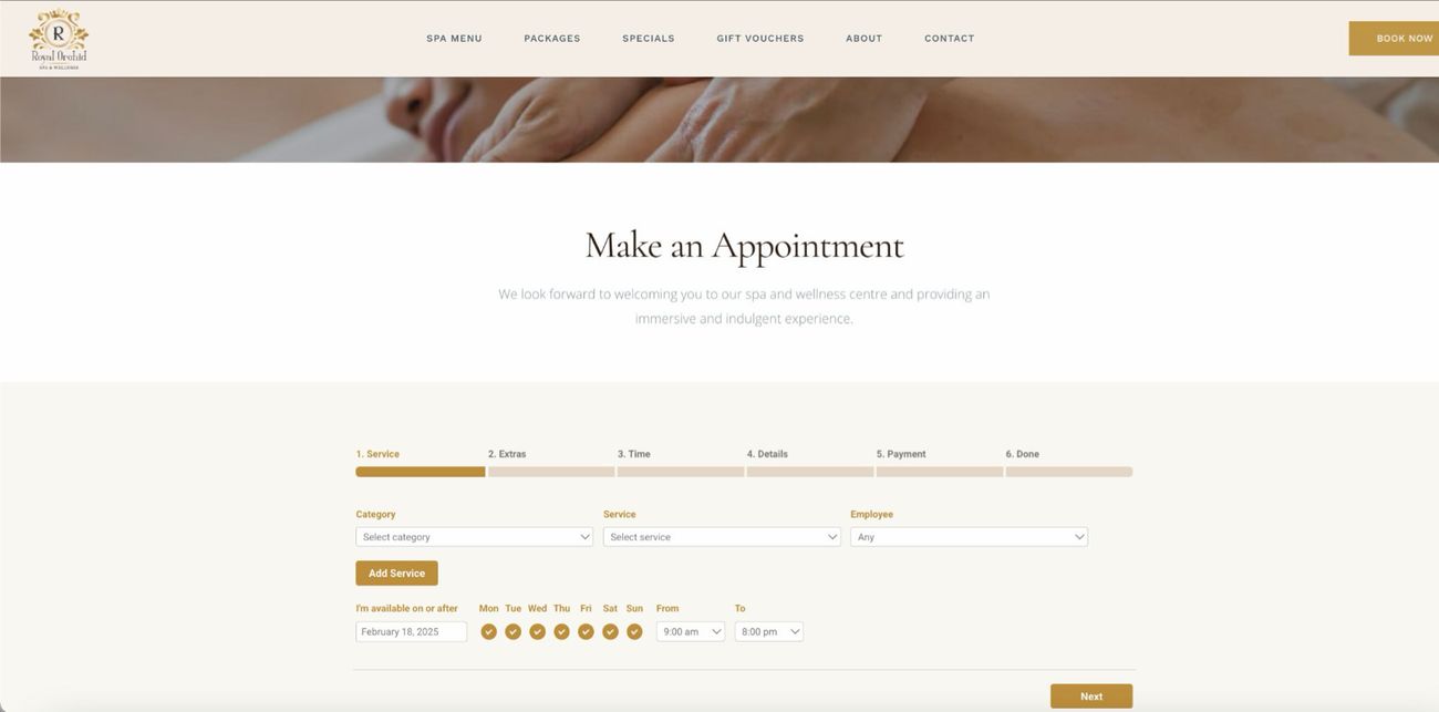 Royal Orchid Spa booking page with a six-step appointment form