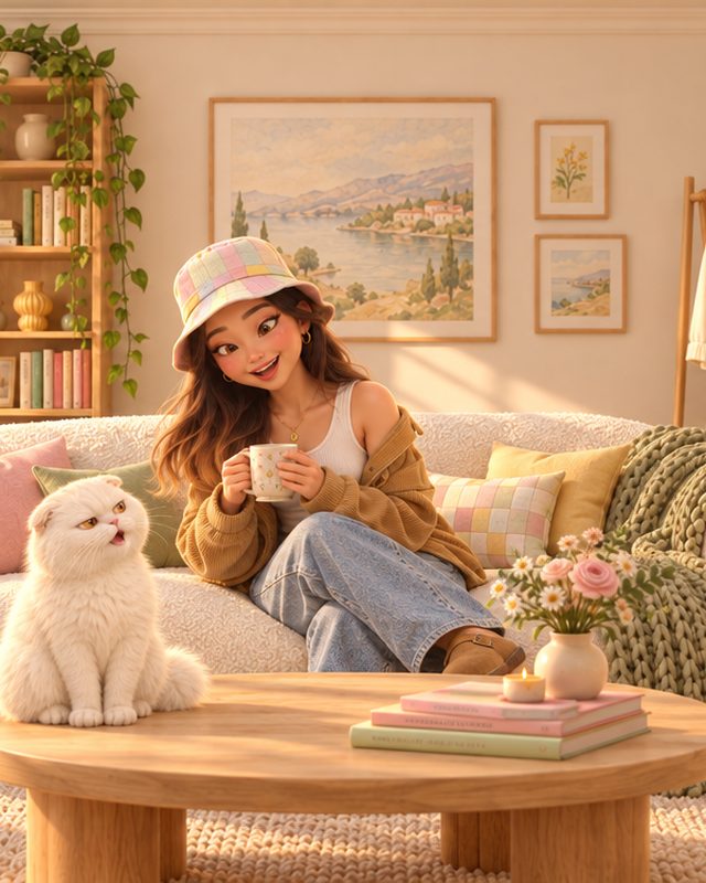 3D animated Ami on a sofa with Aden, her grumpy white Scottish Fold cat
