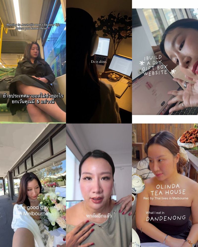 Six TikTok covers: life in Melbourne, working late, building a gift website, a day out with flowers, a GP story and a tea house