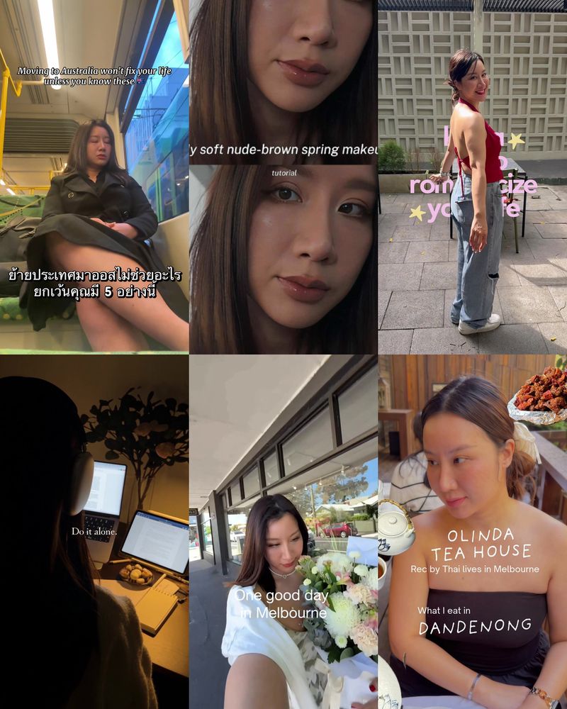 Six TikTok covers: moving to Australia, a nude-brown makeup look, a first video, working late, a day out with flowers and a tea house
